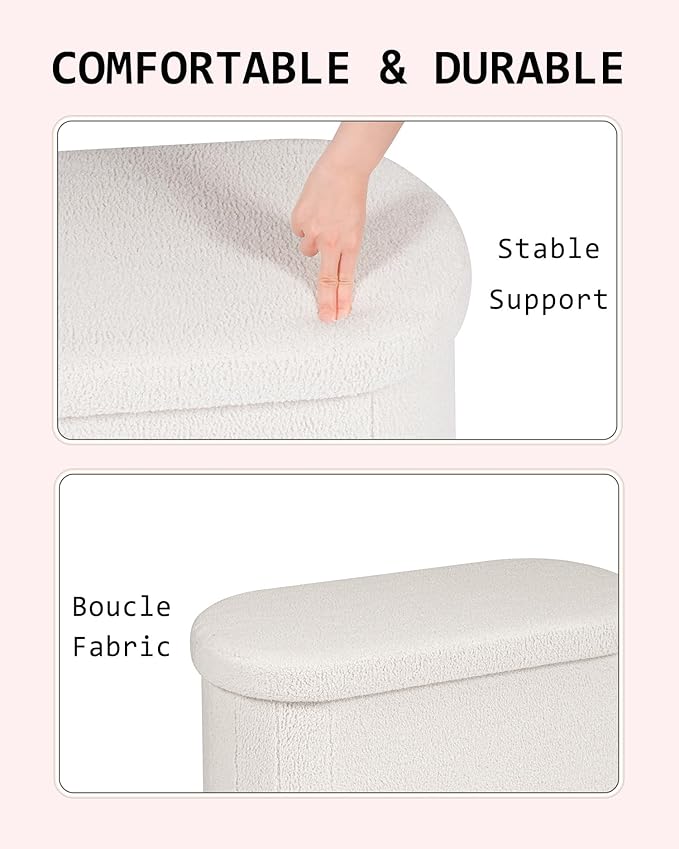 30" Oval Foldable Ottoman with Storage, Teddy Boucle Fabric Footrest, Storage Bench for Living Room, Bedroom, Entryway, Dorm, White