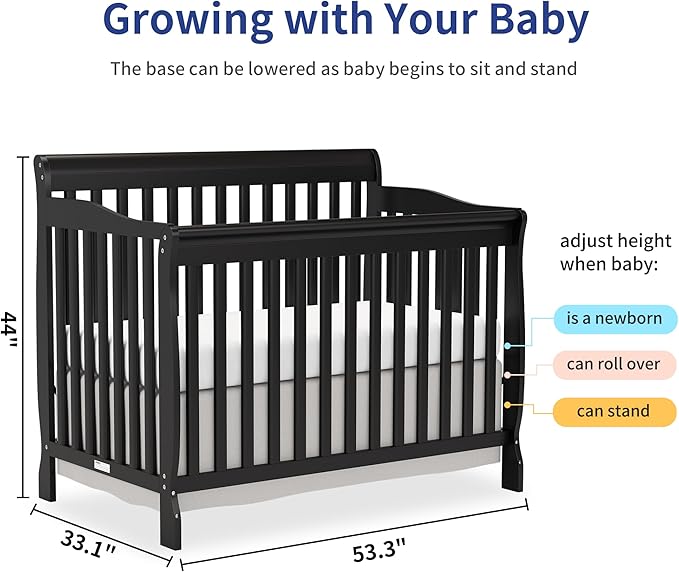 Baby Crib 5-in-1 Convertible, Wooden Cribs Converts to Toddler Bed, Daybed and Full-Size Bed, Nursery Furniture with Non-Toxic Finishes (Black)