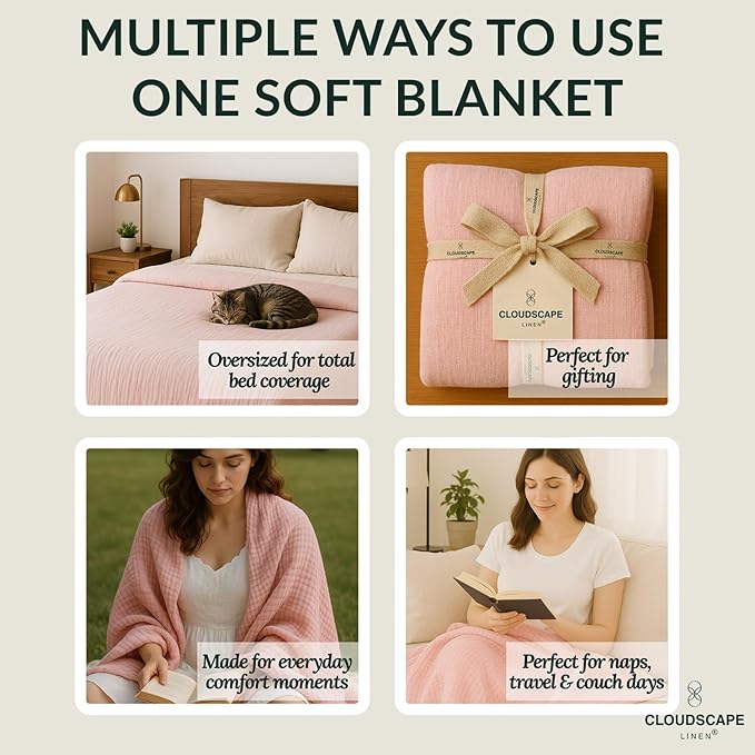 Cloud Scape Linen Oversized 4 Layer Muslin Blanket Queen Size - 100% Cotton, Lightweight & Breathable All Season Gauze, Pre-Washed, fits Full Bed, 92x92, Seashell Pink