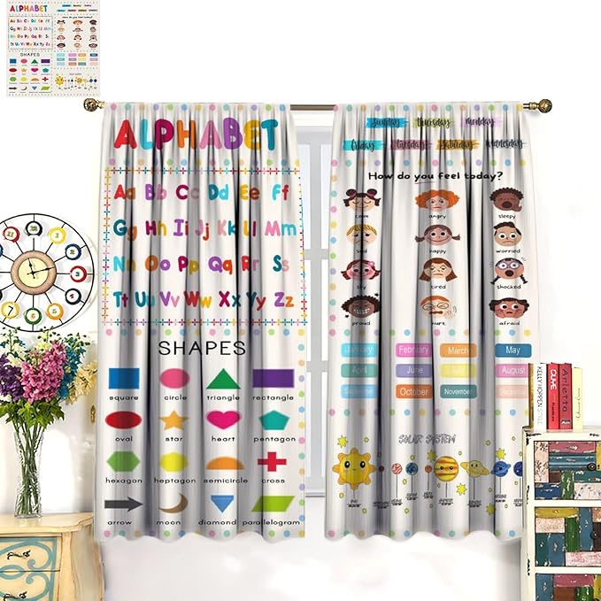 Kids Educational Alphabet Cartoon Curtain Solar System Shapes Cute Knowledge Printed Rod Pocket Blackout Window Drapes for Todders Nursery Baby Bedroom Living Room 72" W X 63" L
