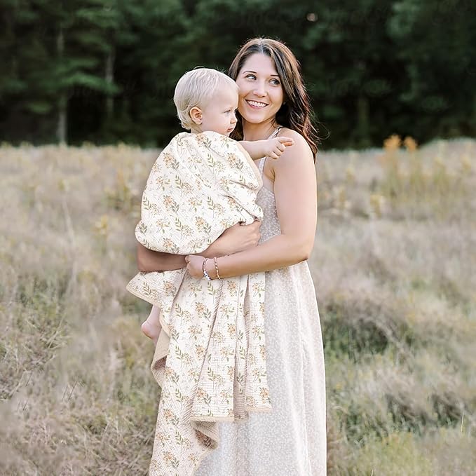 lulumoon Muslin Baby Blanket for Girls: Lightweight Cotton Blanket for Newborn - Soft Nursery Blanket for Stroller 47x47 Inches (Ivory Flower)