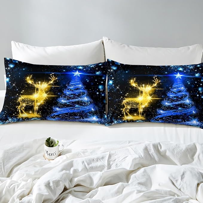 Christmas Duvet Cover Set King Size Gold Reindeer Bedding Set 3pcs for Kids Boys Girls Room Decor Blue Christmas Tree Comforter Cover Western New Year Theme Quilt Cover with 2 Pillowcases,No Comforter