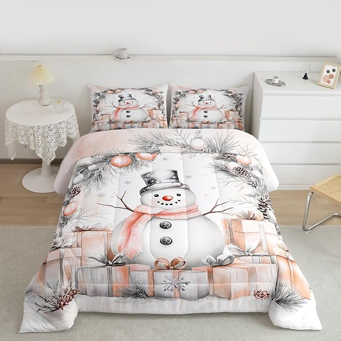 Feelyou Merry Christmas Comforter Set King Size Cute Snowman Bedding Set for Kids Boys Girls Duvet Quilt Snowflake Bedroom Decor Microfiber 3 Pcs with 2 Pillow Cases