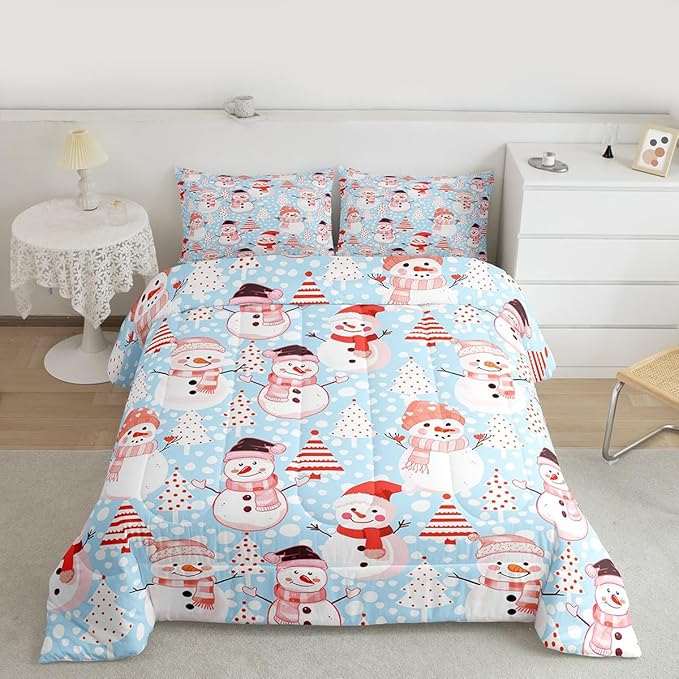 Manfei Christmas Comforter Set Queen Size, Snowman and Xmas Trees Bedding Set 3pcs for Kids Girls Adults Bedroom Decor, New Year Blue Down Comforter Soft Polyester Quilt Set with 2 Pillowcases