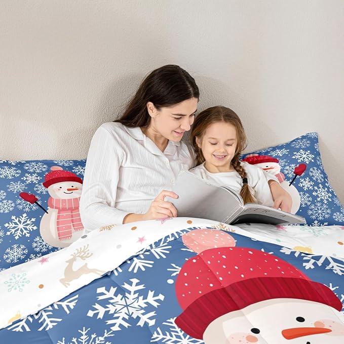 Feelyou Christmas Comforter Set Full Size Snowman Blue Bedding Set for Kids Boys Girls Xmas Snowflakes Duvet Quilt Winter Snow Bedroom Decor Microfiber 3 Pcs with 2 Pillow Cases