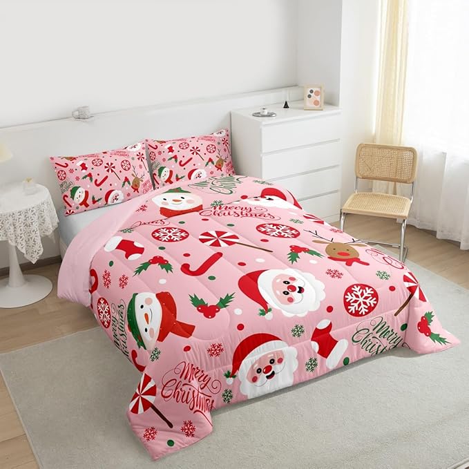 Feelyou Merry Christmas Kids Comforter Set Full Size Santa Claus Snowman Bedding Set Deer Berries Duvet Quilt for Kids Boys Girls Bedroom Snowflake Decor Microfiber Ultra Soft Breathable