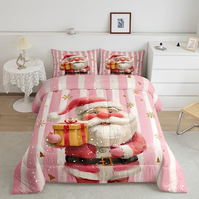 Cartoon Santa Claus Comforter Set Twin Size,Merry Christmas Snowflake Bedding Set for Kids Boys Girls Room Decor,Red Pink Stripes Quilt Set 2Pcs,Xmas Theme Microfiber Duvet Insert,1 Pillowcase