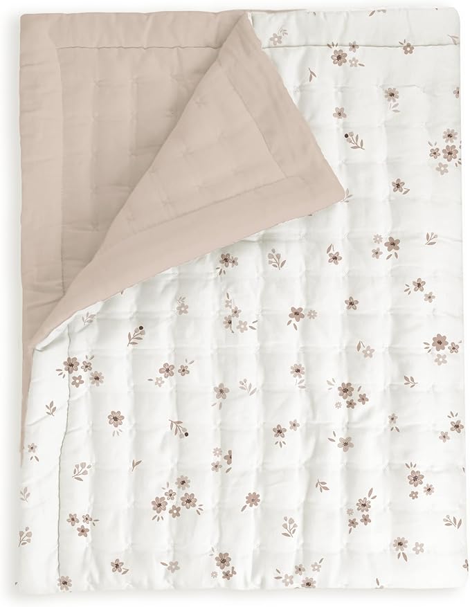 MakeMake Organics Organic Toddler Comforter GOTS Certified Organic Kids Blanket Cotton Infill Tufted - Reversible Ultra Soft Breathable Boys Girls (44"x60", Bloom + Solid Pecan)