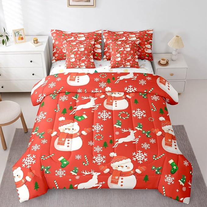 Red Christmas Comforter Set With Sheets 7 Piece Queen Size Cartoon Deer Snowman Bed in a Bag Kids Boys Girls New Year Red Bedding Set Reversible Xmas Decor Bedroom Decor Breathable Soft Lightweight