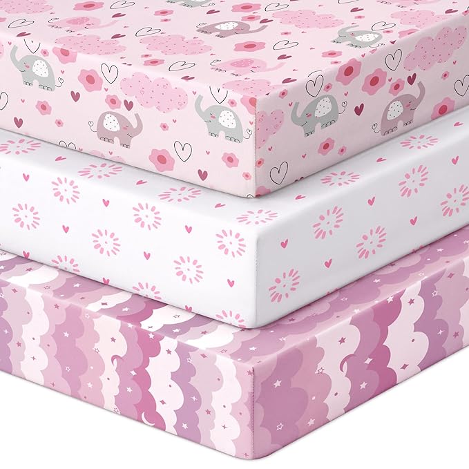 Pack and Play Sheets Fitted, 3 Pack Soft Stretchy Baby Mini Crib Sheets for Pack N Play Mattress and Portable Playard Sheets for Girls Pink Cloud Elephant