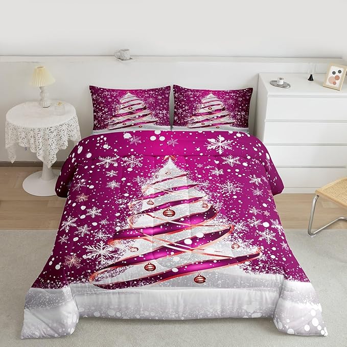 Feelyou Merry Christmas Bedding Set Soft for Boys Girls, Christmas Tree Comforter Set King Size Snowflake Duvet Quilt Microfiber Winter Bedroom Decor 3 Pcs with 2 Pillow Cases
