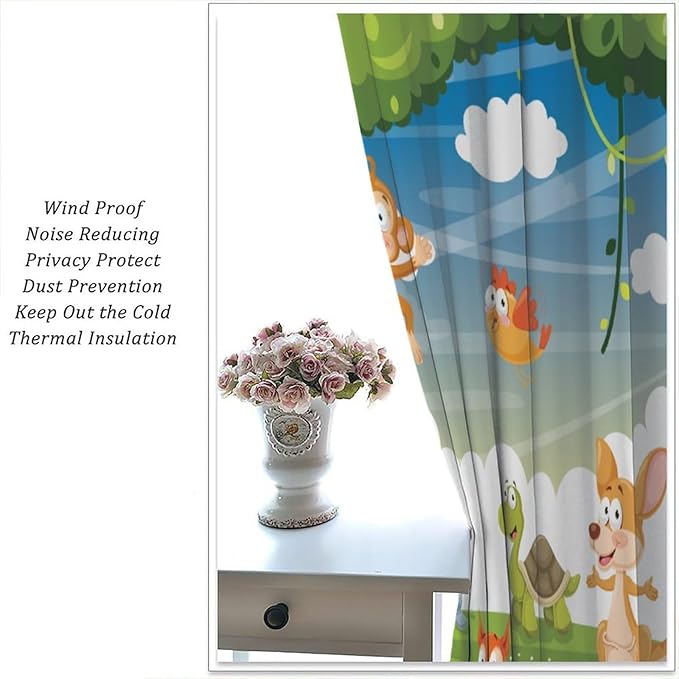 Animal Curtains, Cartoon Cute Woodland Jungle Forest Animals Pattern Blackout Window Treatments, Rod Pocket Thermal Insulated Drapes 2 Panel Sets for Kids Nursery Bedroom Classroom, 63" W X 72" L