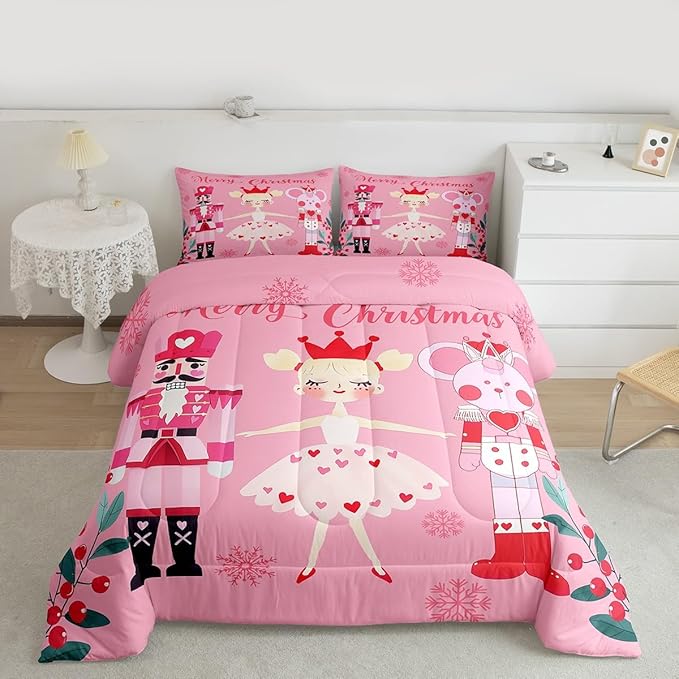 Feelyou Pink Christmas Comforter Set All Season Nutcracker Bedding Set with 1 Pillow Cases Mouse King Microfiber Kids Toddler Bedclothes Royal Guarder Ballet Princess Bedroom Decor Duvet Quilt Soft