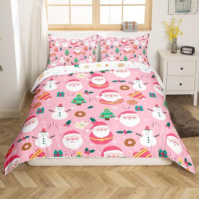 Feelyou Christmas Santa Comforter Cover King Size Cute Snowman Duvet Cover Xmas Holiday Bedding Set Gifts for Kids Boys Girls,Christmas Tree Snowflake Candy Decor 2 Pillow Cases Pink