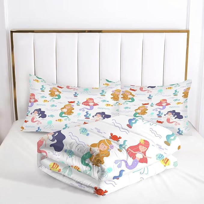 kxry Little Mermaid Princess Comforter Set Twin Size Fairy Tale Sea Shell Grass Bedding Sets for Girls Teens Kids Soft Microfiber Lightweight Comforter Set with 1 Comforter + 1 Pillow Case