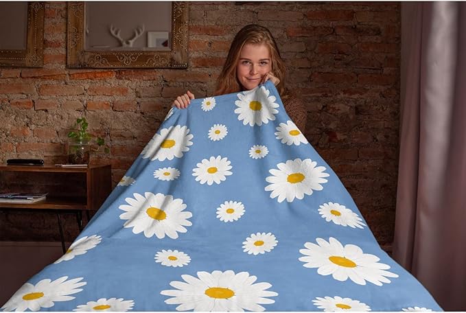 Thuswarm Floral Daisy Flowers Blue Flannel Throw Blanket Gifts Warm Cozy Soft Funny Print Blankets for Summer Room Decoration Bed Couch Sofa 120”×90” Extra Large for Family