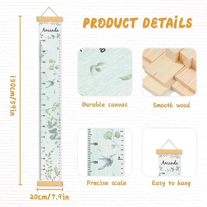 Personalized Name Growth Chart Wall Decor for Kids – Canvas Removable Height Chart Measuring Ruler 59" x 7.9" (Eucalyptus Leaves)