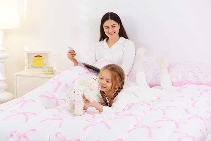 7 Pieces Cartoon Bowknot Kids Comforter King,Pink Bow Tie Butterfly Knot Princess Bedding Set,Watercolor Bow Patchwork Pink White（Comforter+Fitted+Flat Sheet+2 Pillowcases+2 Throw Pillow Covers）