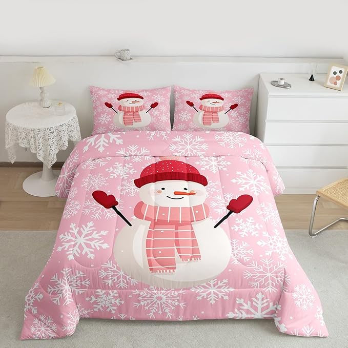 Feelyou Christmas Bedding Set Soft for Boys Girls, Snowman Pink Comforter Set Queen Size Xmas Snowflakes Duvet Quilt Microfiber Winter Snow Bedroom Decor 3 Pcs with 2 Pillow Cases