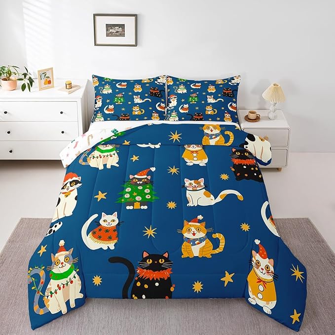 Erosebridal Merry Christmas Kids Cartoon Bedding Set King Size Cute Cat Comforter Set Xmas Tree Quilts for Teens Boys Girls Room Decor,Kawaii Animals Duvet Insert,Blue