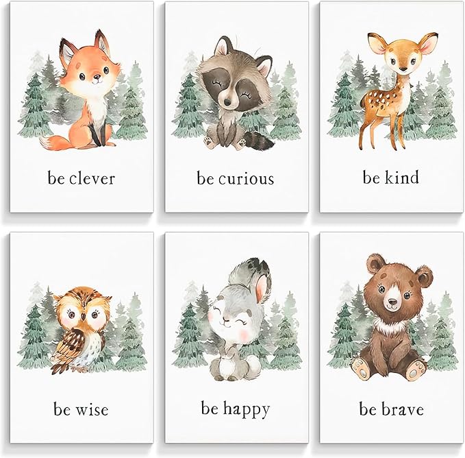 Wodkwq Nursery Wall Art Woodland Animal Canvas Prints Baby Girl Boy Room Decor Cute Poster Pictures Forest Theme Toddler Room Decoration Painting Set of 6 for Kids Bedroom Bathroom 12x16in Unframed