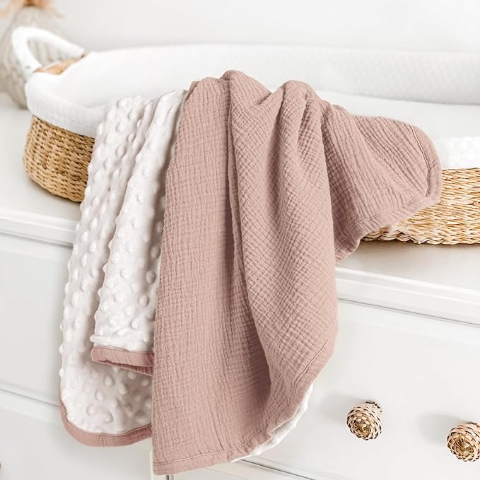 lulumoon Muslin Baby Blanket for Girls: Minky Dot Backing Thermal - Newborn Blanket for Baby Shower & Registry Gift 30"x40"(Sand)