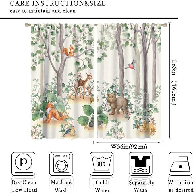 Forest Animal Curtains,Fox Elk Bird Animal Watercolor Woodland Print Curtains Kids Nursery Bedroom Living Room Home Decoration 72x63in