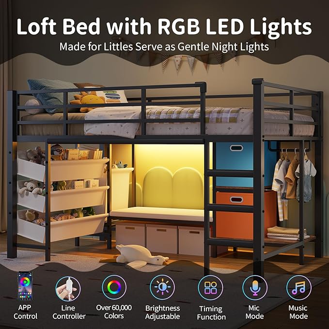 DICTAC Low Twin Loft Bed with Reading Corner,3 Sling Drawers and 2 Movable Storage Bins,Metal Twin Size Loft Bed for Kids with LED Lights and Storage Basket,13.98" H Safety Guardrail & Stairs, Black