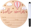 Hello World Newborn Sign with Pen - 6 Inch Wooden Baby Announcement Sign for Hospital Birth Photos, Gender Reveal, Newborn Announcement Sign Keepsake, Hot Air Balloon & Cloud Design(Pink)