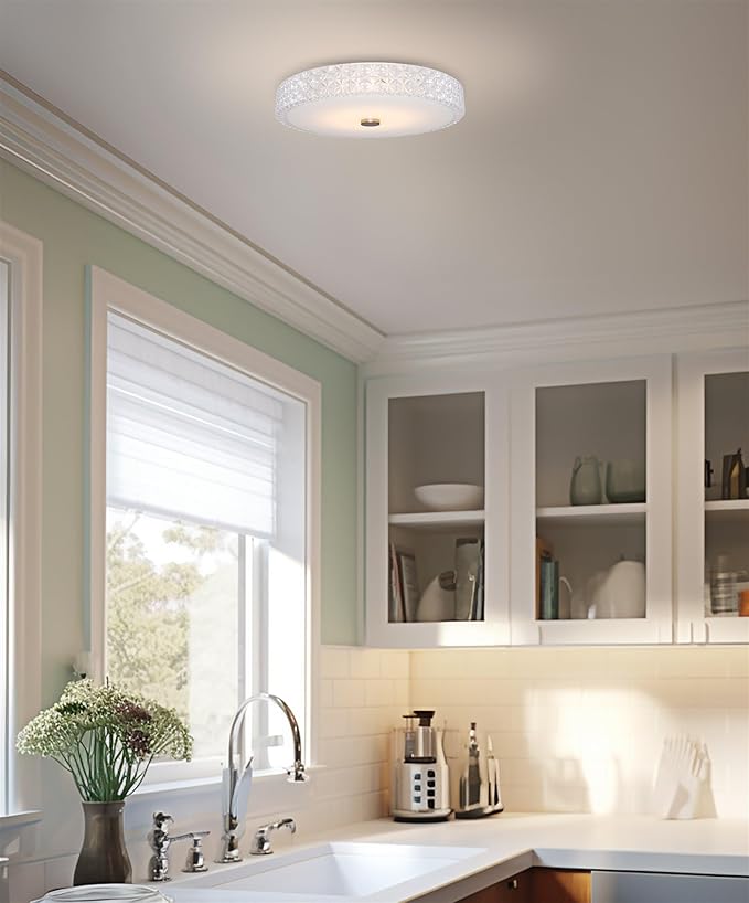 Kira Home Maxine 15" Modern Flush Mount Ceiling Light, Integrated 20W LED (120W eq.), Clear Crystal Style Shade + Round Glass Diffuser, 3000k Warm White Light, White Finish