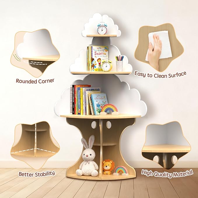 Bookshelf for Kids, Children Cloud-Bookshelf, Space-Saving Montessori Toddler Corner Bookcase for Nursery, Classroom, Kindergarten, Kids Rooms
