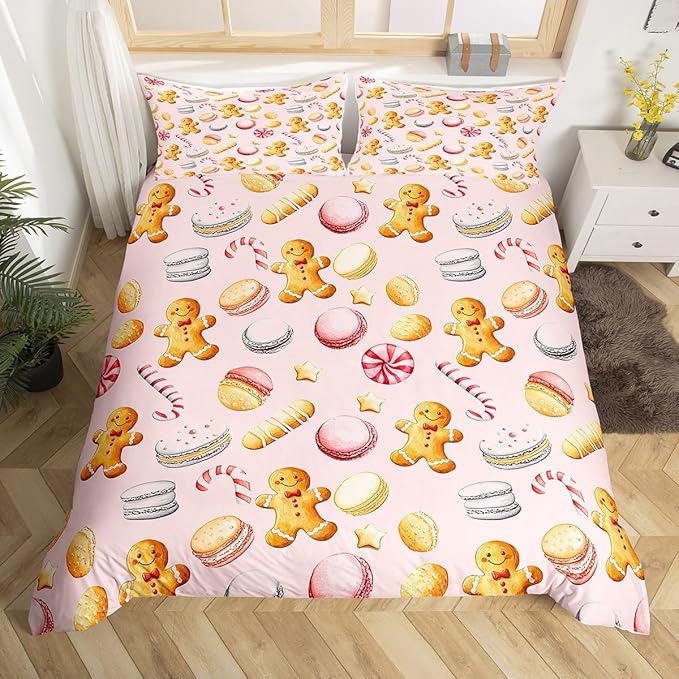 Feelyou Christmas Duvet Cover King Size Cute Christmas Gingerbread Man Comforter Cover for Boys Girls Xmas Sweet Macarons Bedding Set 3Pcs Reversible Pink Room Decor
