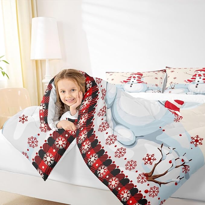 Kids Snowman Christmas Comforter Set Queen Size,Snowflake Romantic Bedding,Girls Boys Adults Bedroom/Xmas Cabin Decor,Geometric Grid Lattice Down Comforter,Rustic Farmhouse Duvet Insert,2 Pillowcases