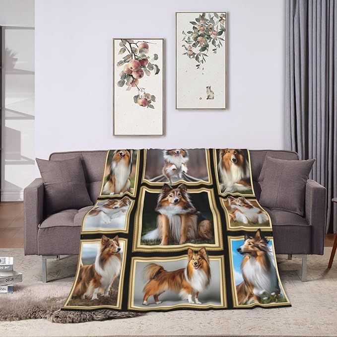 Sheltie Blanket Shetland Sheepdog Decor Gifts Throw Blanket Super Soft Flannel Lightweight Fluffy Plush Cozy Fuzzy Fleece Stuff Blanket for Dog Lover Kids Boys Adults Man for Bed Sofa 60"X80"