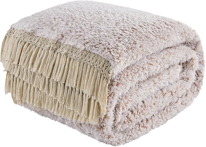EMME Soft Sherpa Fleece Blanket with Tassel, Reversible Plush Fluffy Large Blanket, Light Weight Warm Decorative Boho Blanket Cover for Sofa, Couch, Bedroom,Travel(Tassel Khaki,90"x90")