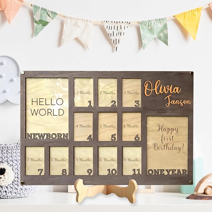 My First Year Picture Frame – Milestone Photo Board for Baby’s First Year Memories, Displays Two 4x6 and Twelve 2x3 Photos, Custom Wall Picture Frame Gift for Nursery