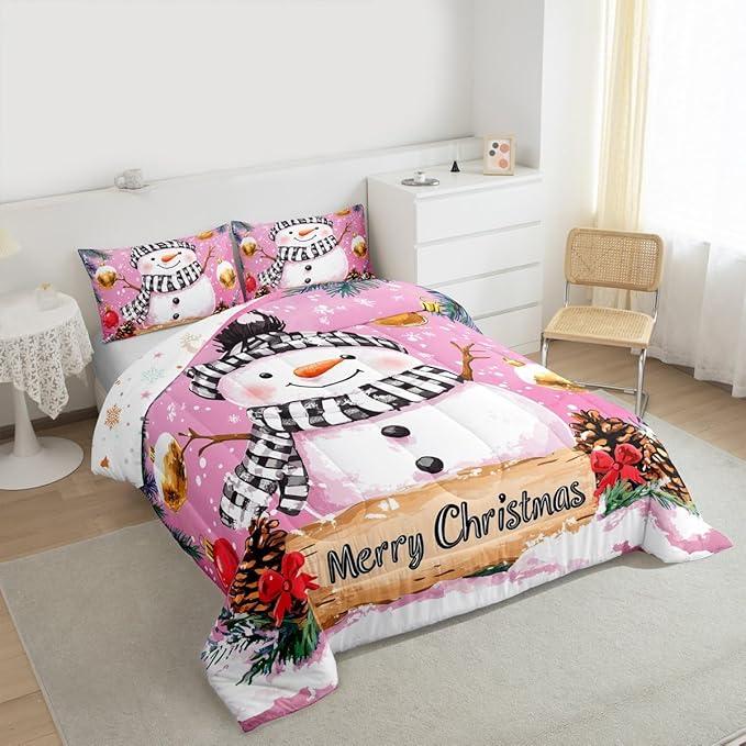Feelyou Merry Christmas Bedding Set Soft for Boys Girls, Cute Snowman Comforter Set King Size Snowflake Duvet Quilt Microfiber Winter Bedroom Decor 3 Pcs with 2 Pillow Cases