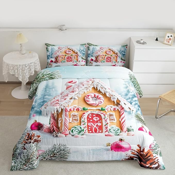 Feelyou Christmas Snowscape House Landscape Bedding Set Soft for Boys Girls,Gingerbread House Comforter Set Queen Size Candy Canes Duvet Quilt Pine Branches Bedroom Decor 3 Pcs with 2 Pillow Cases