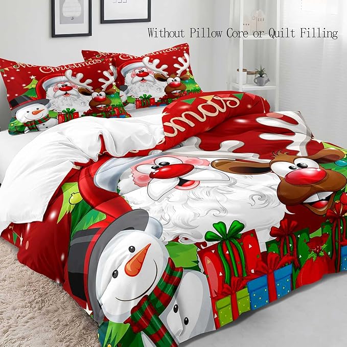 LUVIVIHOME 3PCS Red Christmas Duvet Cover Full Bedding Set, Boys Girls Kids Bedding, Santa Claus Snowman Reindeer Holiday New Year Xmas Gifts Christmas Comforter Bedspread Quilt Cover, 2 Pillow Cases