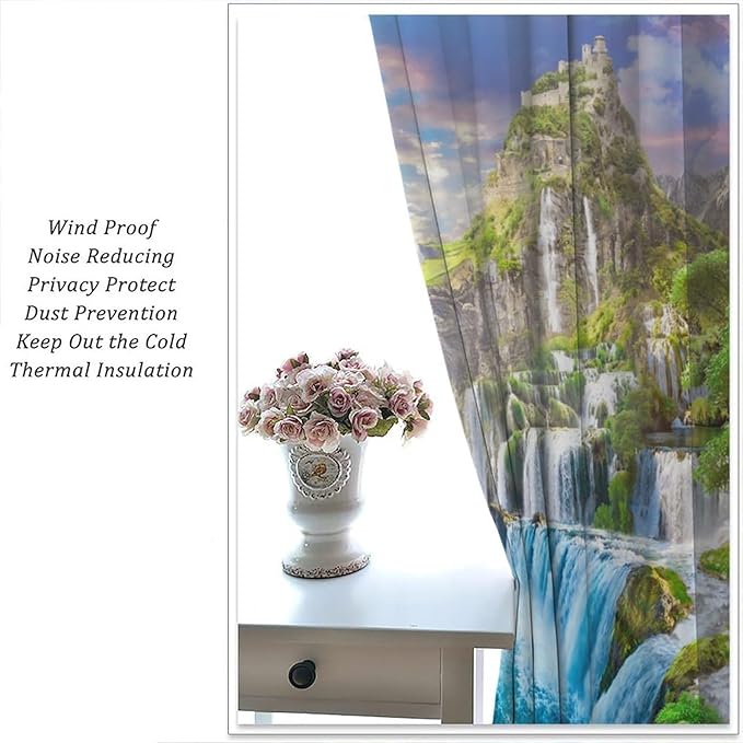 Forest Waterfall Blackout Curtain, Watercolor Tropical Jungle Waterfall Spring Flower Natural Scenery Pattern Window Drapes, for Bedroom Living Room 84" W X 84" L