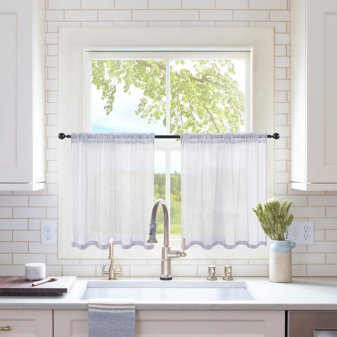 MIULEE 2 Panels Kitchen Tiers Half Window Sheer Curtains Rod Pocket Translucent Voile Drapes for Kitchen Bathroom Small Windows 29 by 24 Inch Greyish Lilac