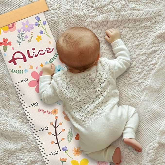 Personalized Name Growth Chart for Wall, Painted Plants Canvas Height Chart for Kids Baby Child Toddler, Canvas Growth Chart for Wall Nursery Decor, Hangable & Waterproof