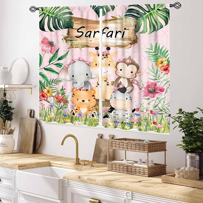 Kids Safari Animals Curtains, Cartoon Giraffe Elephant Monkey Woodland Jungle Tropical Leaf Pink Window Curtains for Boys Girls Baby Living Room Bedroom Nursery Classroom 2 Panels, 55x39 Inch