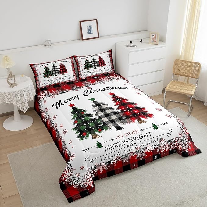 Christmas Comforter Set Twin Size, Red Plaid Xmas Trees Bedding Set 2pcs , Winter Snowflake New Year Reversible Down Comforter for All Season, Kids Boys Girls Room Decor, 1 Pillowcase, No Sheets