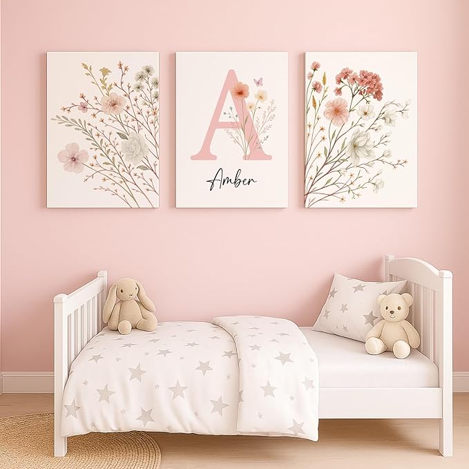 Personalized Girls Nursery Wall Art - Custom Name Pink Floral Butterfly Canvas Print 3pc Framed Wrapped Canvas for Bedroom Living Room Entryway Study Room Initial Wall Decor Baby Shower Birthday Easter Graduation New Year Valentine's Day Gift (40×50cm/...