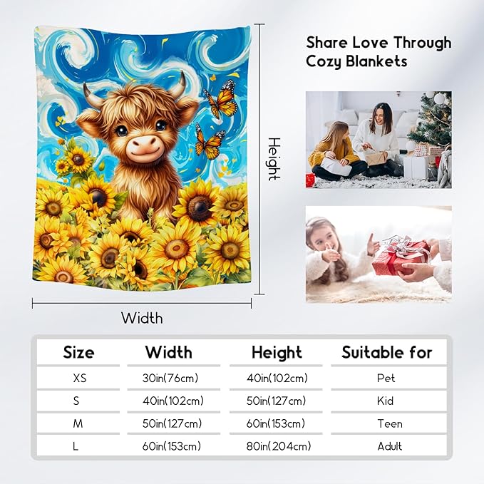 Kids Blanket - Highland Cow Blankets for Toddler - Flannel Soft Sunflower Throws for Room Decor - 30"x40"