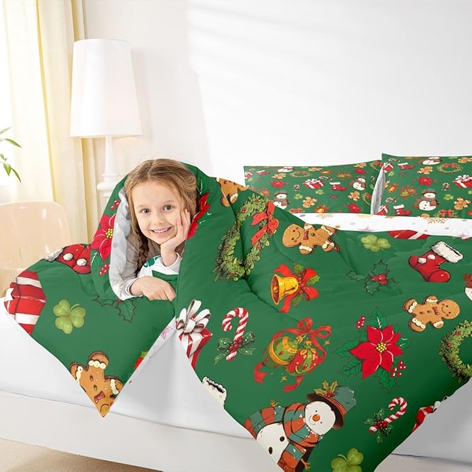 jejeloiu Merry Christmas Comforter Set Queen Size Cute Snowman Bedding Set for Kids Boys Girls Gingerbread Man Duvet Quilt Green Bedroom Decor