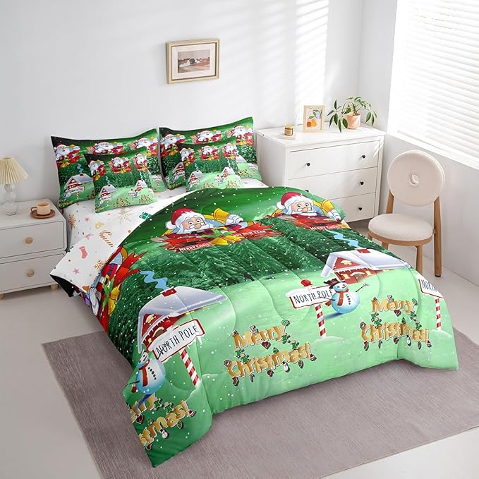 Feelyou Santa Claus Printed Bed Set Christmas Decorations Bed in a Bag for Kids Boys Girls Galaxy Blue Cute Decor Comforter Set with Sheets Snowman Snowflake Bedding Set Bedroom Collection Queen Size