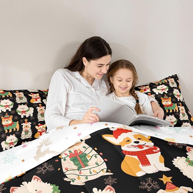 Castle Fairy Cute Puppy Dog Animal Twin Size Comforter Set,Christmas Pets Quilt Set Soft Bed Collection,Merry Christmas Theme Bedding Comforter for Boys Girls Room Decor,2 Pcs