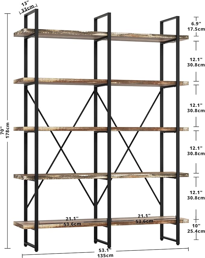 IRONCK Bookshelf, Double Wide 5-Tier Open Bookcase Vintage Industrial Large Shelves, Wood and Metal Etagere Bookshelves, for Home Decor Display, Office Furniture, 13D x 53.1W x 70H in